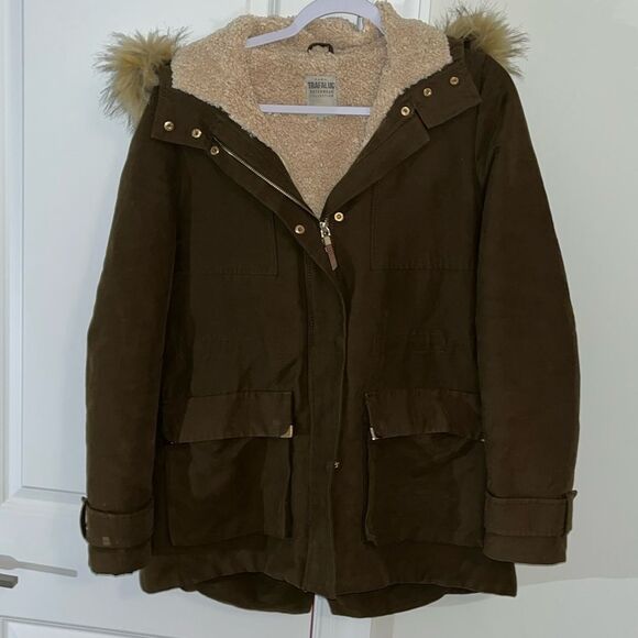 ZARA Trafaluc Outerwear Parka Sherpa Lined w/ Fake Fur Trim Hood M Russian Spy - Picture 1 of 10